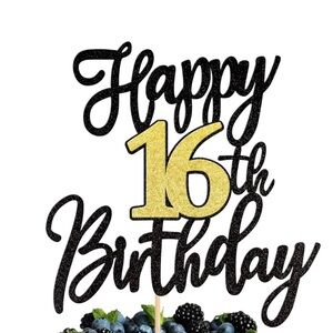 Black and Gold Happy 16th Birthday Cake Topper